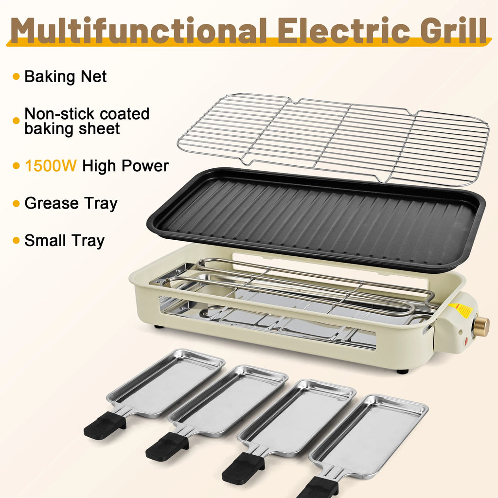 Suslas 2-in-1 Electric Grill Pan 1500W Non-Stick Smokeless BBQ Grill with Removable Plate for Home Kitchen