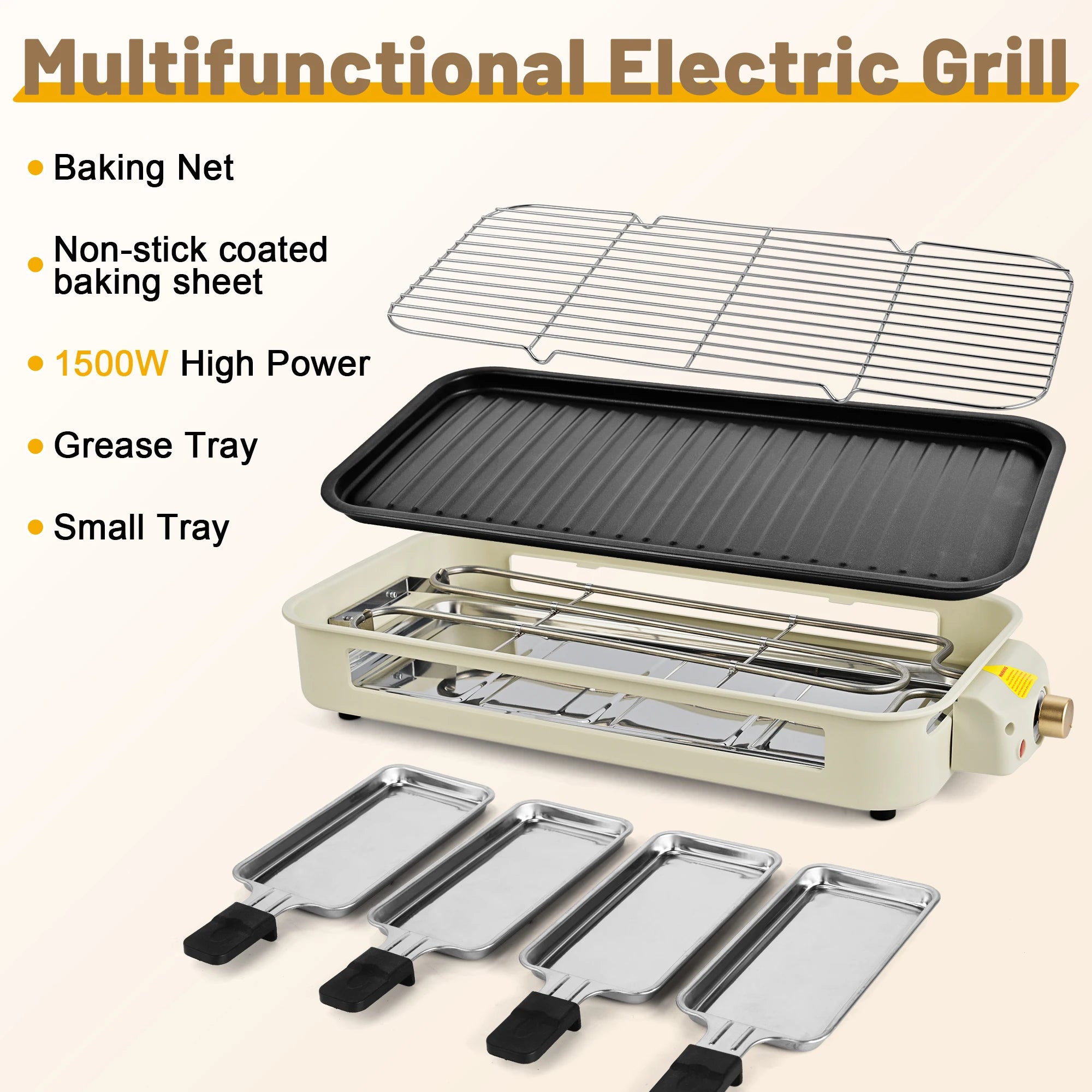 Suslas 2-in-1 Electric Grill Pan 1500W Non-Stick Smokeless BBQ Grill with Removable Plate for Home Kitchen