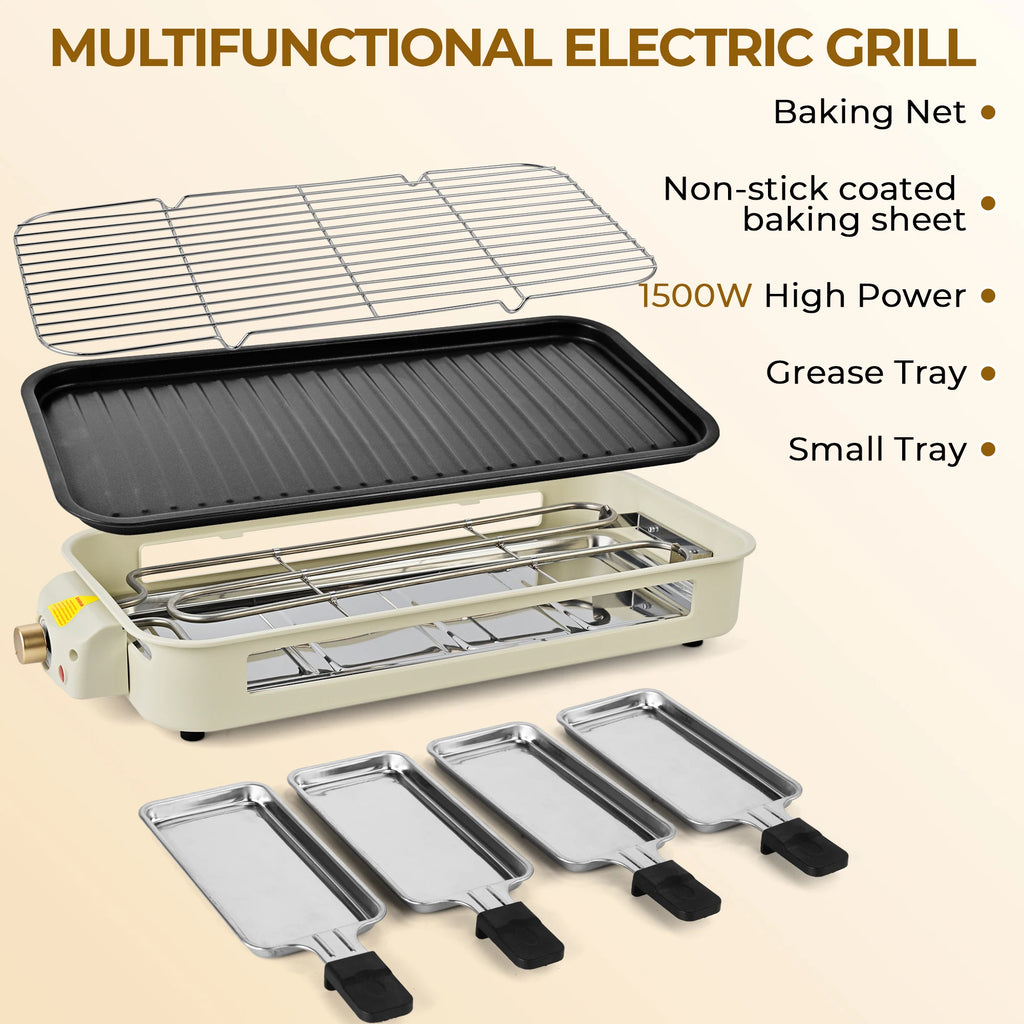 Suslas 2-in-1 Electric Grill Pan 1500W Non-Stick Smokeless BBQ Grill with Removable Plate for Home Kitchen