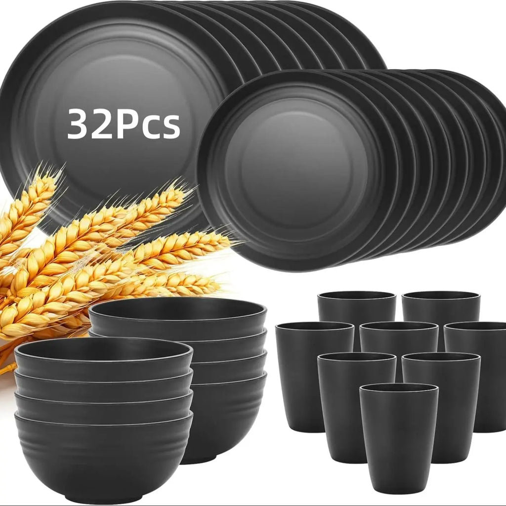 32/16 pieces, large wheat straw tableware set, kitchenware, suitable for 8/4 people, kitchenware, shatter-proof modern tableware