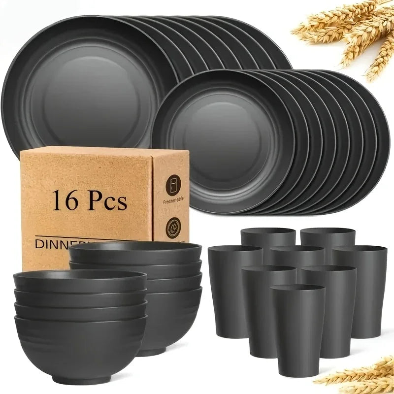 32/16 pieces, large wheat straw tableware set, kitchenware, suitable for 8/4 people, kitchenware, shatter-proof modern tableware