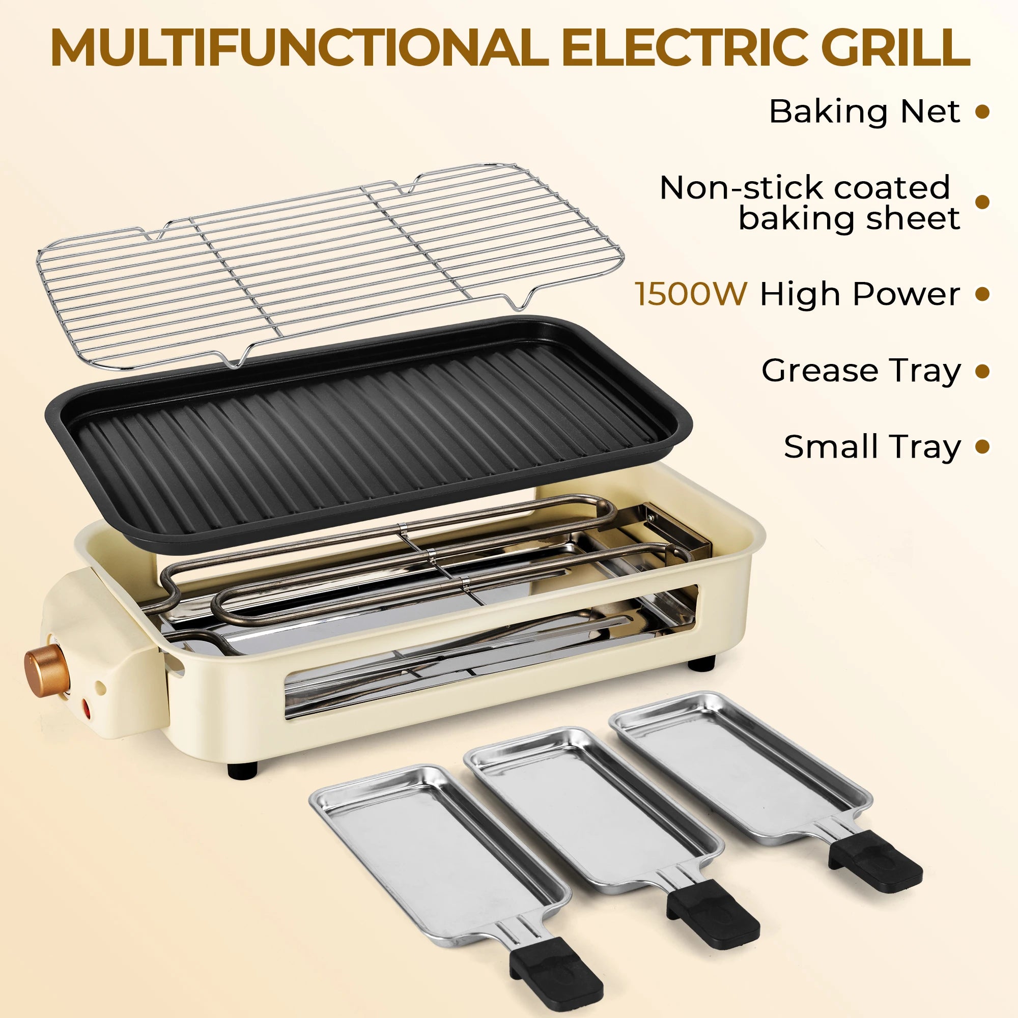 Suslas 2-in-1 Electric Grill Pan 1500W Non-Stick Smokeless BBQ Grill with Removable Plate for Home Kitchen