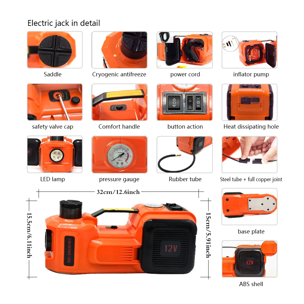 12V 5Ton Car Electric Hydraulic Floor Jack, Tire Inflator Pump and LED Flashlight 3 in 1 Set With Safe Hammer QZ002