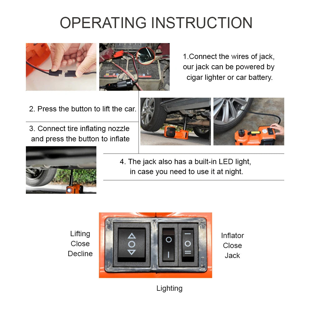 12V 5Ton Car Electric Hydraulic Floor Jack, Tire Inflator Pump and LED Flashlight 3 in 1 Set With Safe Hammer QZ002