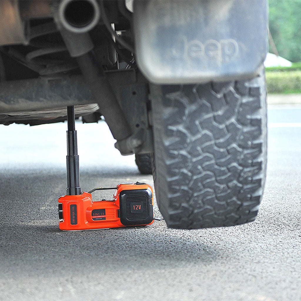 12V 5Ton Car Electric Hydraulic Floor Jack, Tire Inflator Pump and LED Flashlight 3 in 1 Set With Safe Hammer QZ002