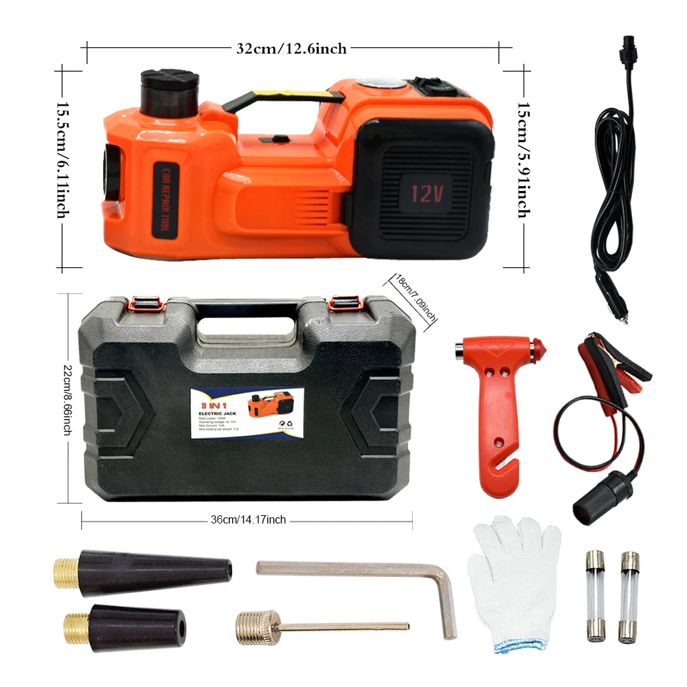 12V 5Ton Car Electric Hydraulic Floor Jack, Tire Inflator Pump and LED Flashlight 3 in 1 Set With Safe Hammer QZ002