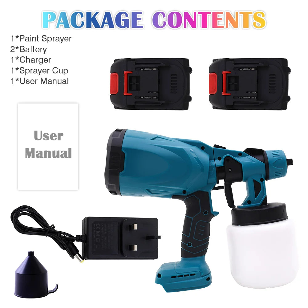 HVLP Paint Sprayer Cordless Electric 21V Airless 600W 800ML With 2x2000mAh Battery for Doors Fences Furniture Wall Cabinet Garde