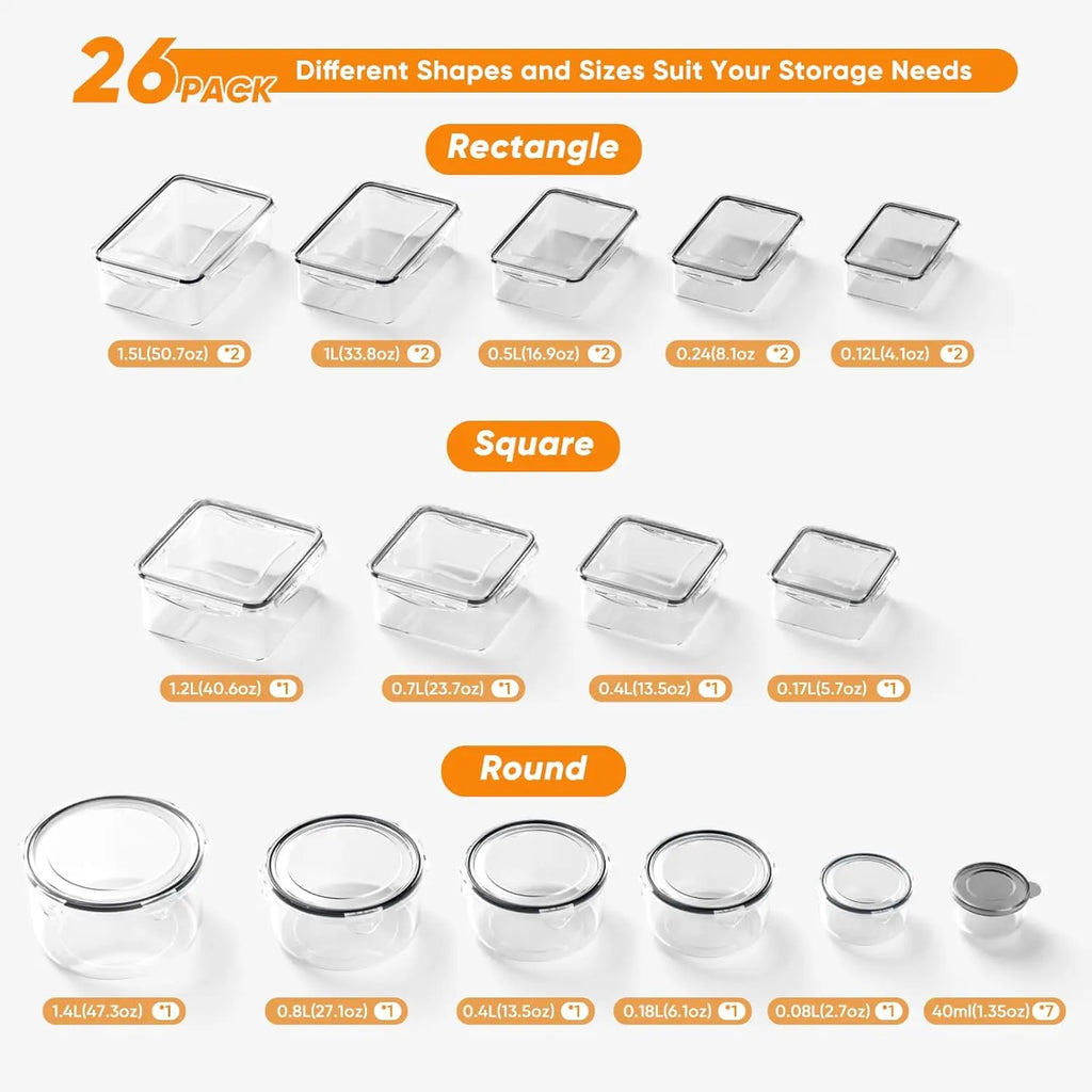 52 Pcs Food Storage Containers with Lids Airtight (26 Containers & 26 Lids) - Leakproof Meal-Prep Container for Kitchen Stora
