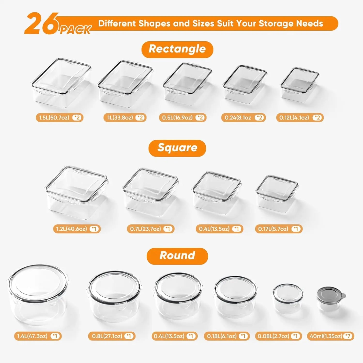 52 Pcs Food Storage Containers with Lids Airtight (26 Containers & 26 Lids) - Leakproof Meal-Prep Container for Kitchen Stora
