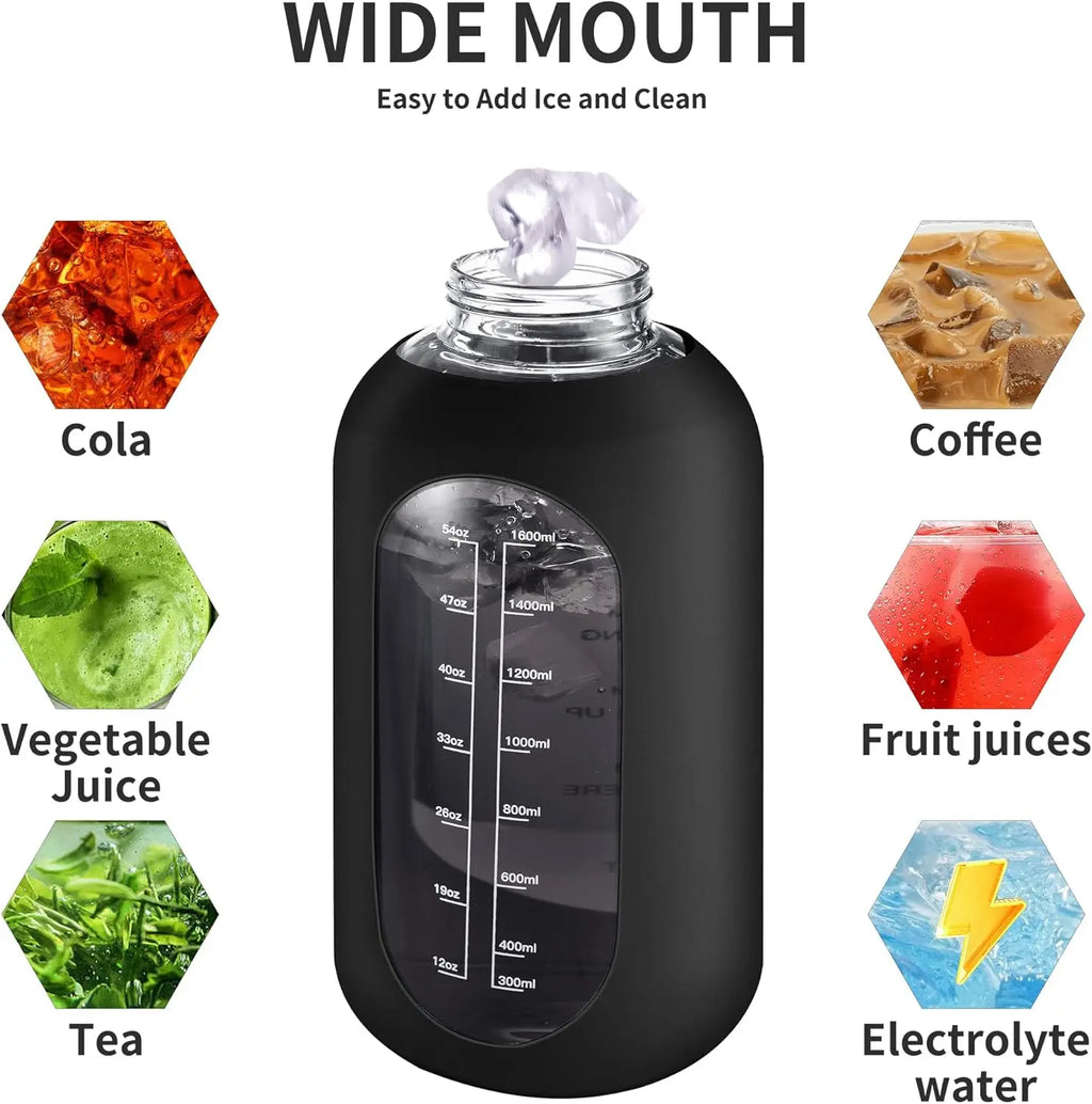 32 oz Glass Water Bottle with Straw, Handle, Time Marker & 2 Lids - Leakproof for Gym, Sports