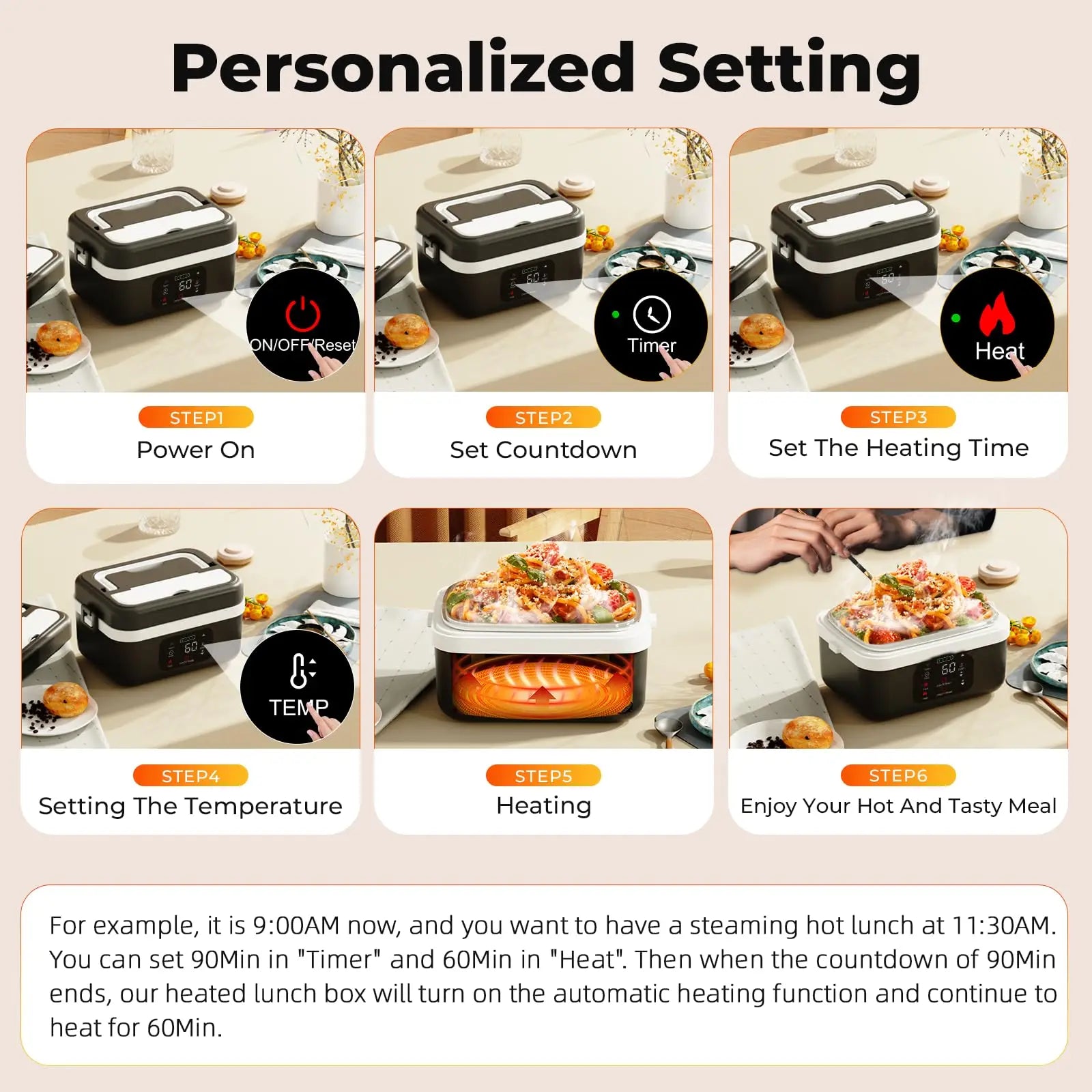 Wireless Electric Insulated Lunch Box - Built-in 8000mAh Battery, 60W Heating Lunch Box 1L Stainless Steel Lunch Box Food Warmer