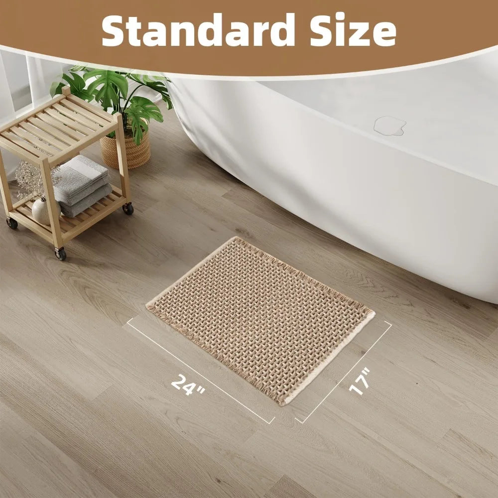 Checkered Bath Mat, Super Absorbent Non Slip Bath Mats for Bathroom Floor 3D Two Tone Woven Bathroom Mat with Tassels Machine W