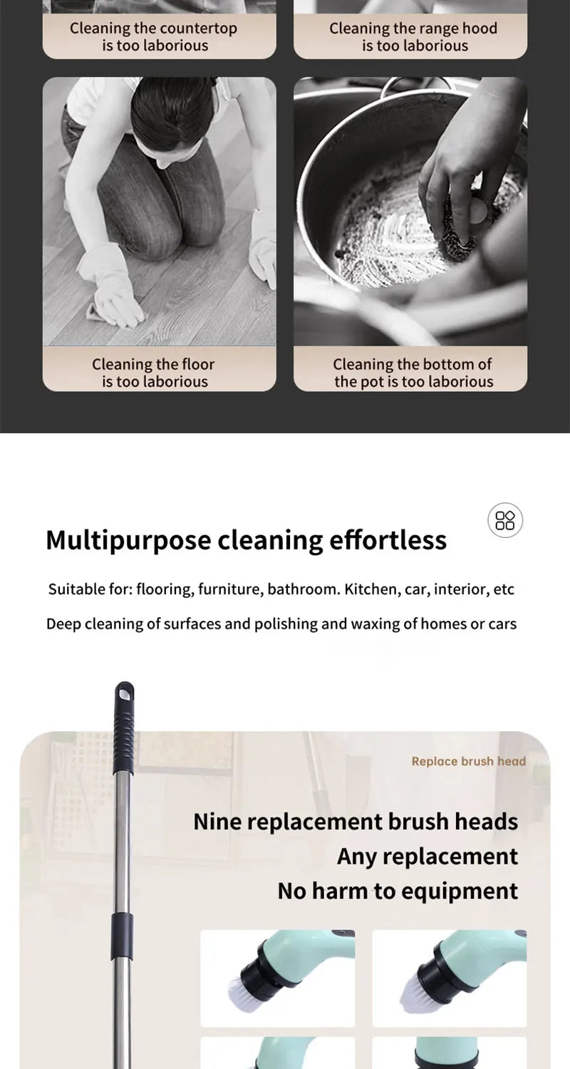 9-in-1 Electric Rotating Cleaning Brush, Wireless Shower Scrubber with Replaceable Heads and Adjustable Telescopic Handle