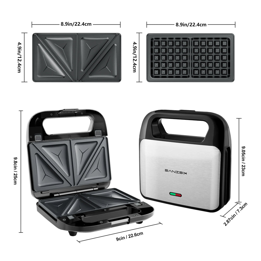 3-in-1 Sandwich Maker, Panini Press & Waffle Iron - Indoor & Outdoor Electric Grill with Removable Non-Stick Plates, 750W