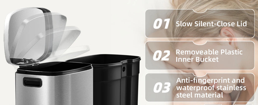 13 Gallon Trash Can with Lid, Trash Can with Removable Inner Bucket and Lid Soft Close, Pedal Rubbish Bin for Home Office