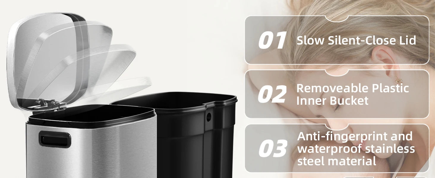 13 Gallon Trash Can with Lid, Trash Can with Removable Inner Bucket and Lid Soft Close, Pedal Rubbish Bin for Home Office