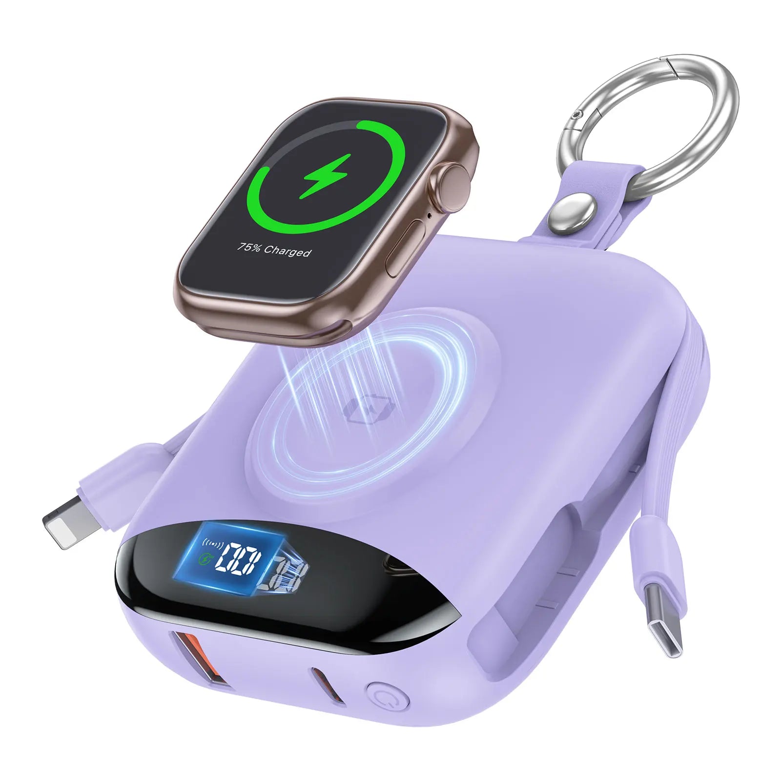 10000mAh 22.5W Fast Charging Power Bank with Built-in Cables, 4-in-1 Portable Charger with LED Display & Keychain for iWatch