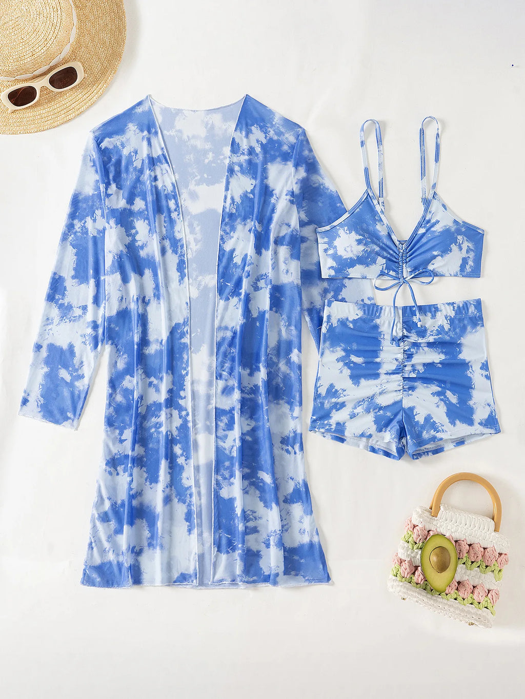 Bikini three piece printed belly covering long sleeved cover shirt tie dye swimsuit women's hot spring belly covering
