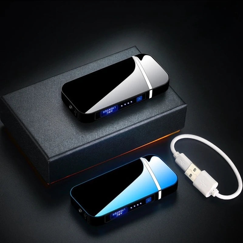 New Electric Windproof Metal Lighter Double Arc Flameles Plasma Rechargeable USB Lighter LED Power Display Touch Sensor Lighters