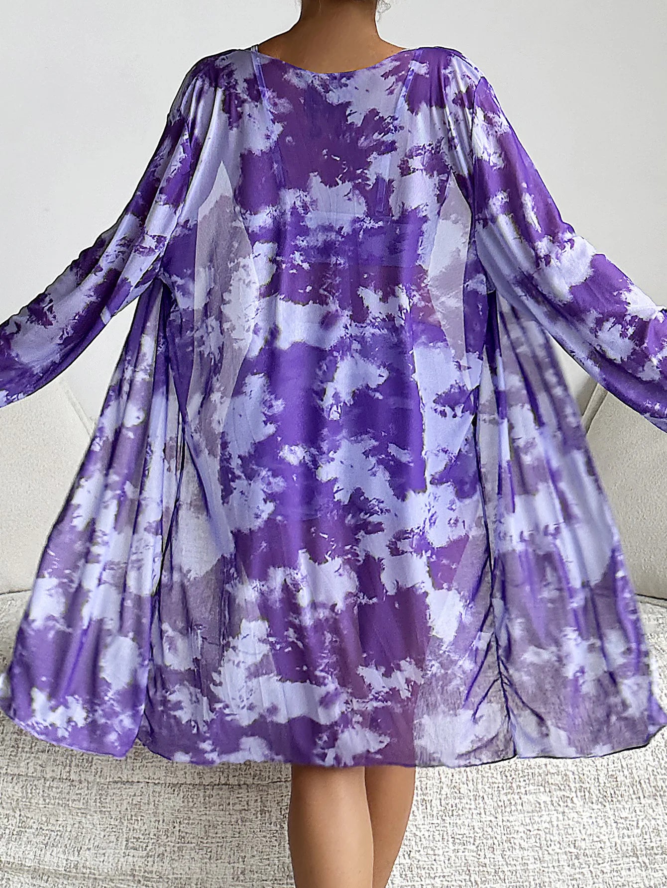 Bikini three piece printed belly covering long sleeved cover shirt tie dye swimsuit women's hot spring belly covering