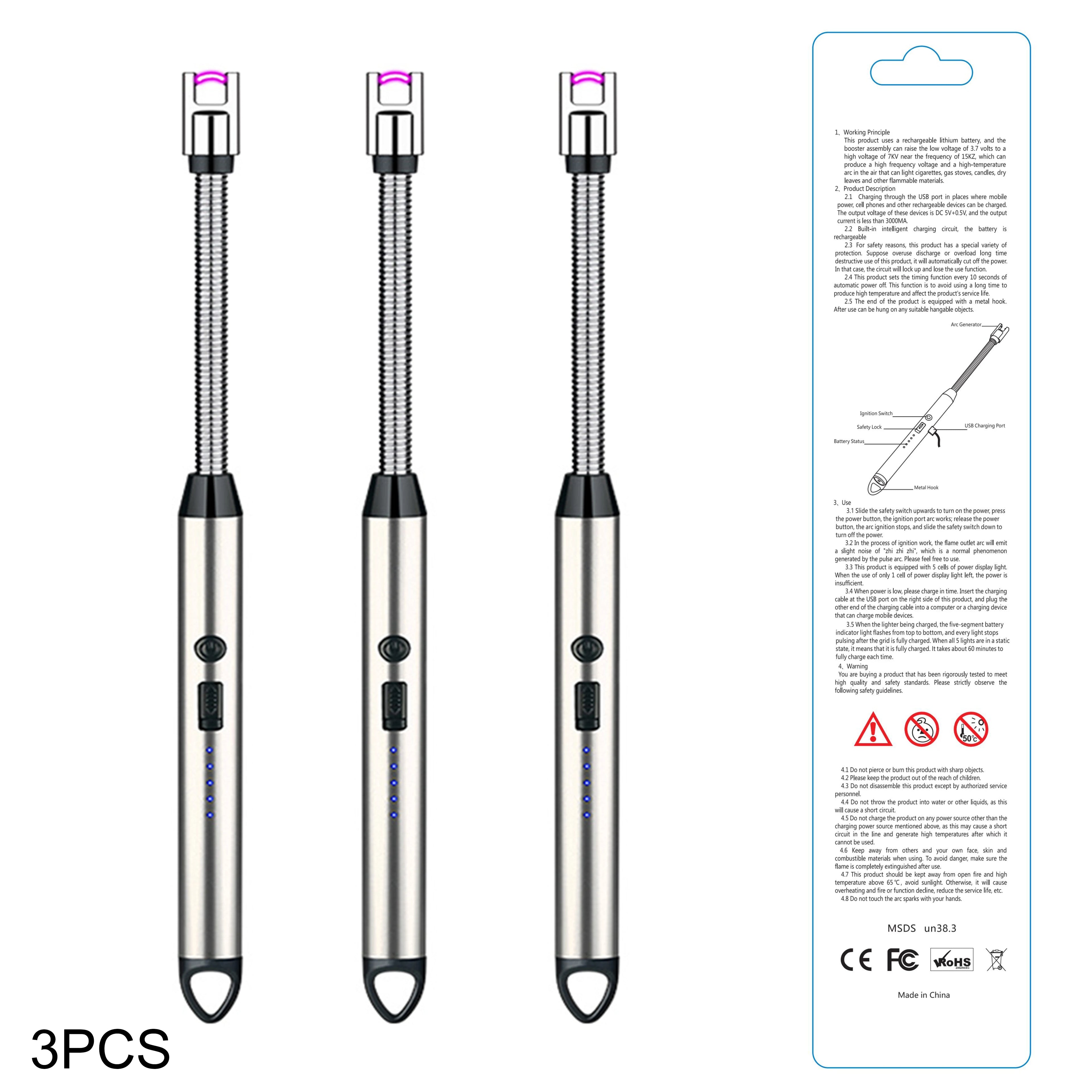 3pcs Rechargeable Electric Lighters, TYPE-C Plasma Arc Kitchen Lighter, Windproof Arc Lighter, Candle Lighter, BBQ Grill Lighter