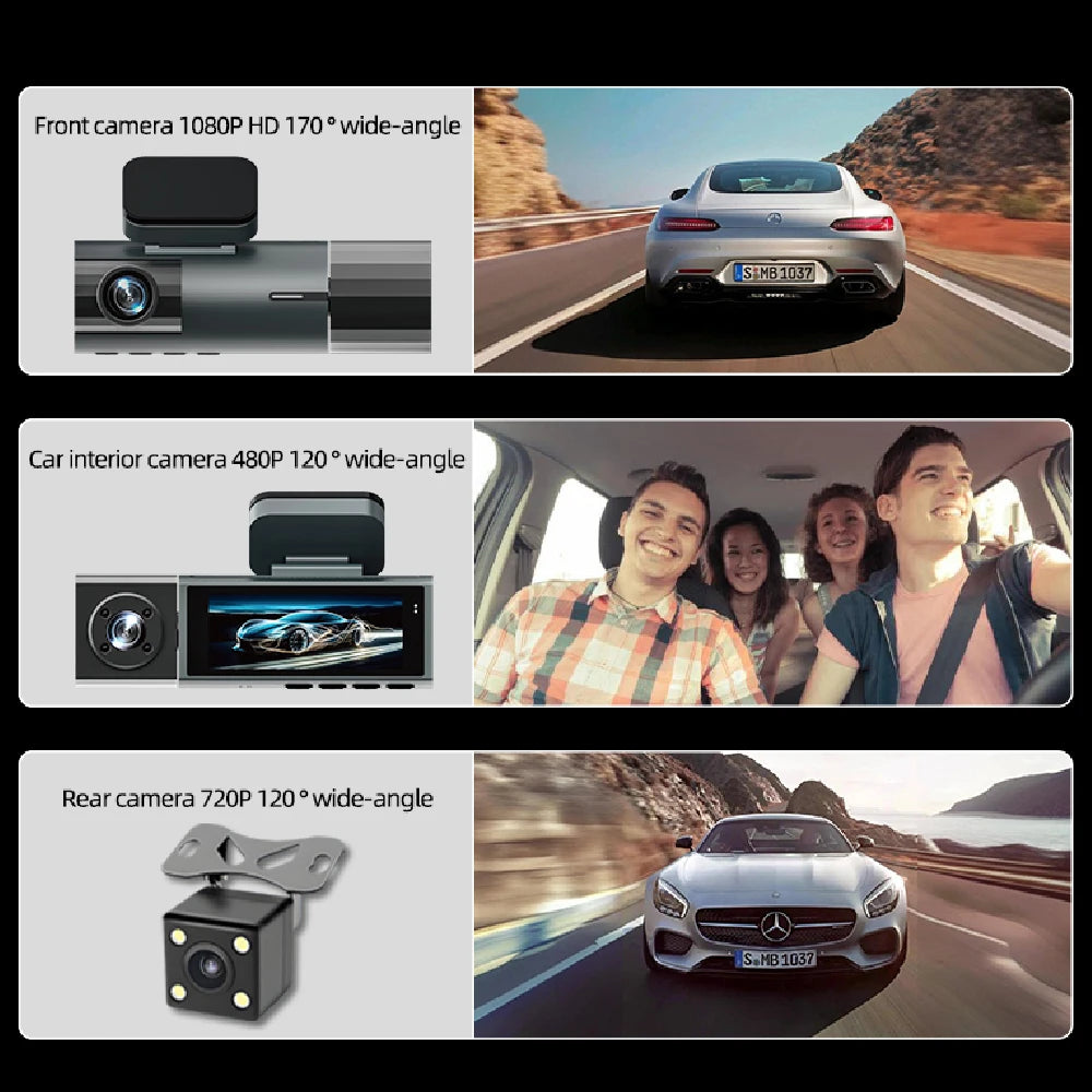 WiFi Car Dvr HD 1080P 3way Dash Cam Front Inside Rear Wide Angle Night Vision G-sensor Loop Recording Camera Vehicle Accessories