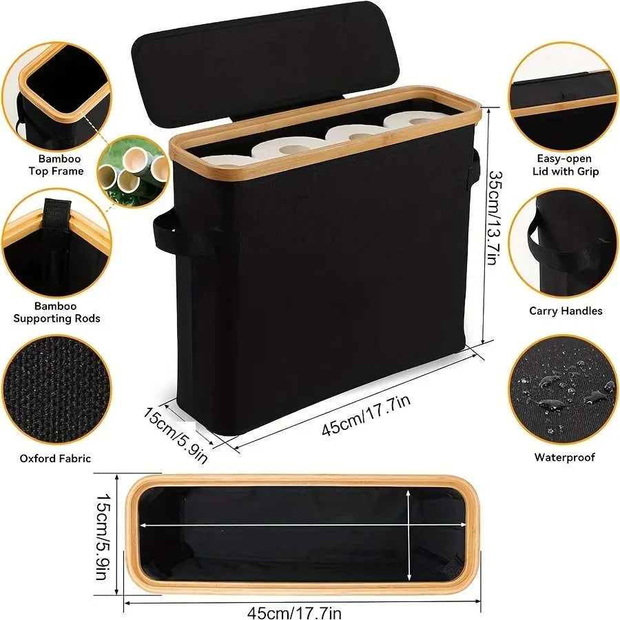 Bamboo toilet paper holder with lid - Self-contained bathroom organizer with handle, enclosed tissue storage box