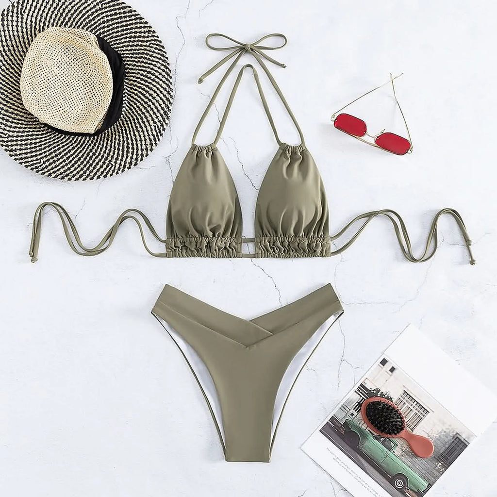 Bathing Suit Tank Bikinis Sets Swimwear 2023 Women Mid Waist Deep V Neck Wide Straps Bikini Summer Beach Wear Swimming купальник