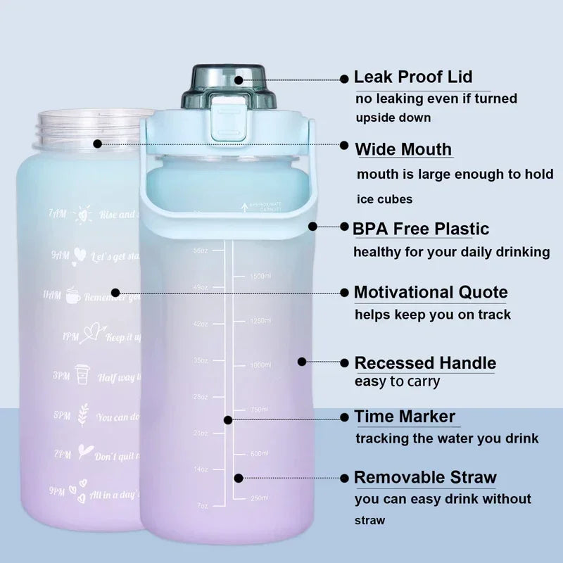 2 Liter Large Capacity Sports Water Bottle Leak Proof Colorful Plastic Cup Drinking Outdoor Travel Portable Gym Fitness Jugs