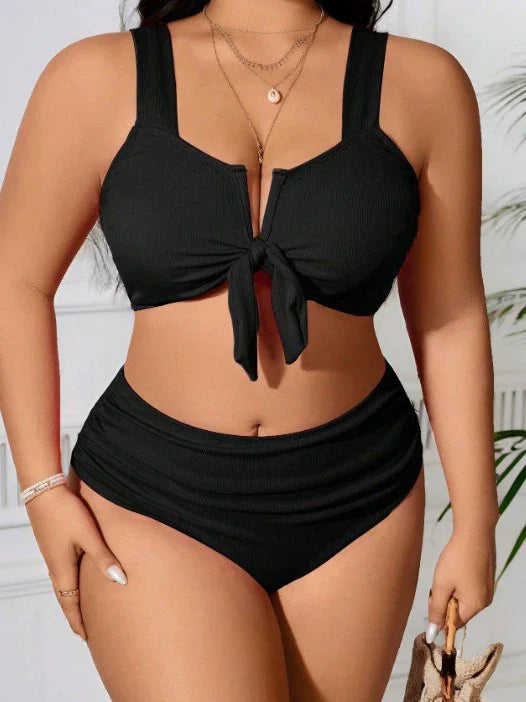 Women's Swimsuit 2025 Plus Size Ribbed Bikinis Sets Two Piece High Waist Black Tummy Control Bathing Suit Swimwear