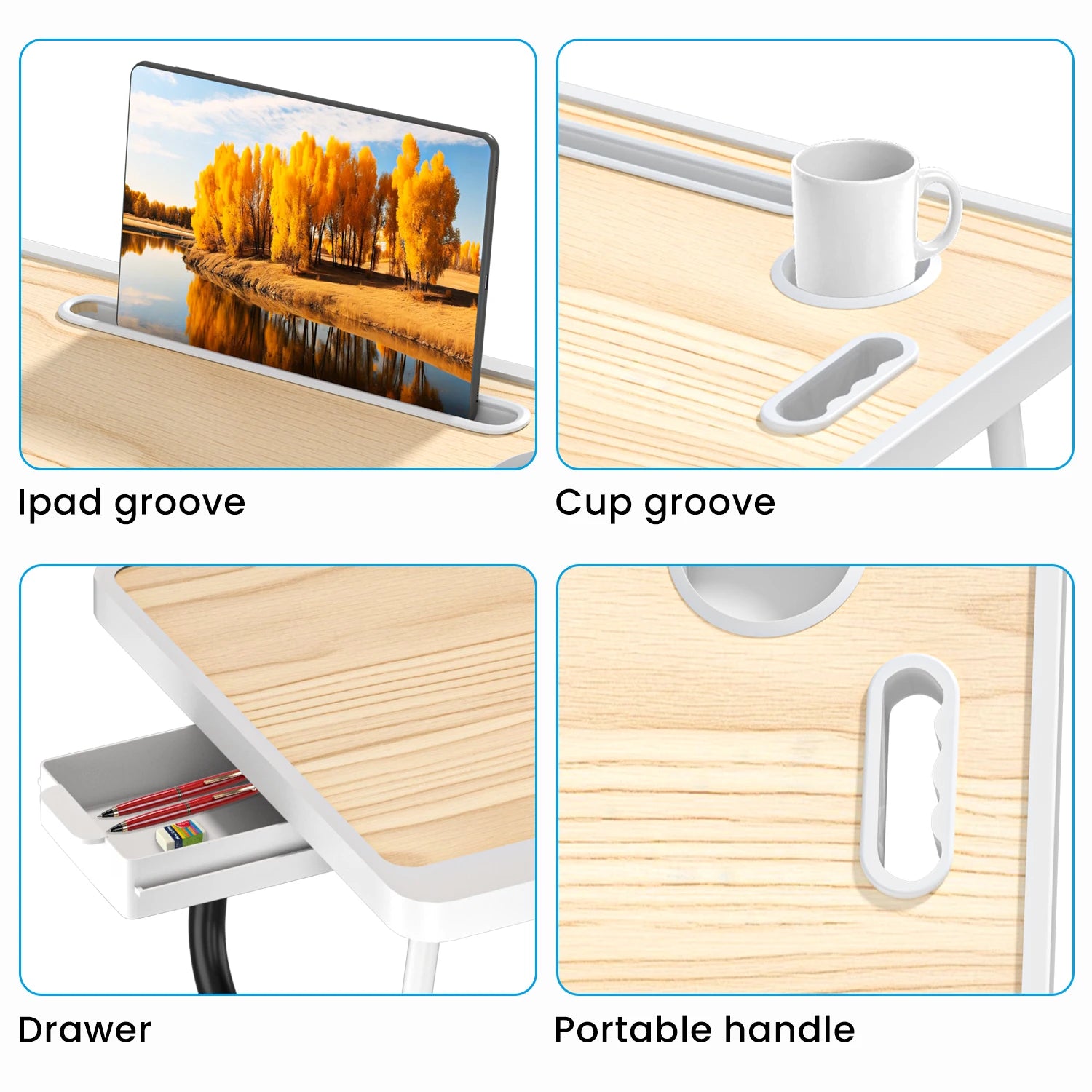 Extra-large multifunctional folding desk, portable multi-color wooden laptop bed desk with cup holder, suitable for work, readin