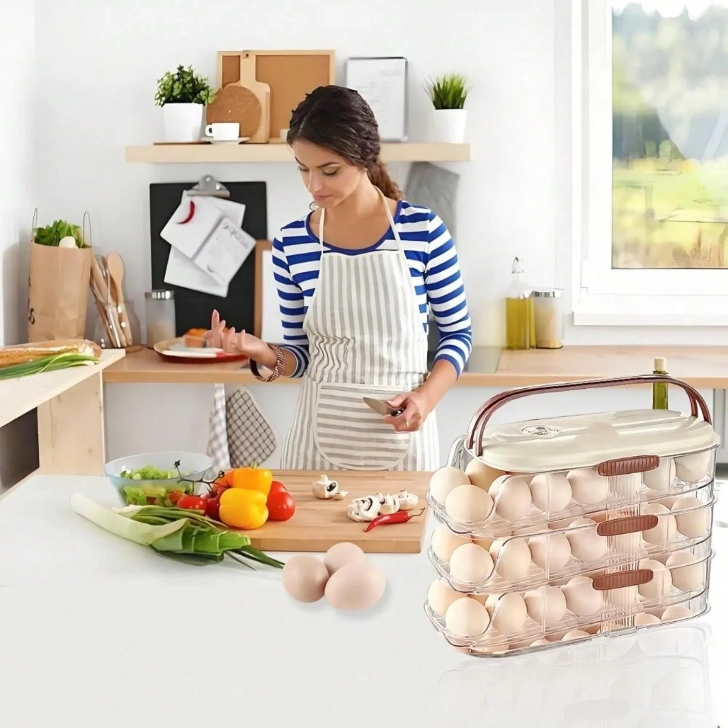 Clear Stackable 3 Tier Automatic Rolling Egg Dispenser With Handle
