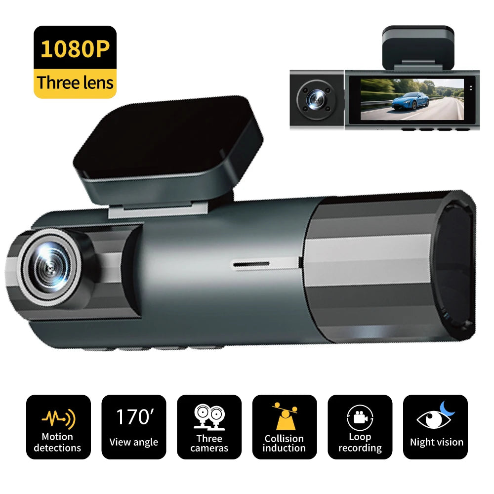 WiFi Car Dvr HD 1080P 3way Dash Cam Front Inside Rear Wide Angle Night Vision G-sensor Loop Recording Camera Vehicle Accessories