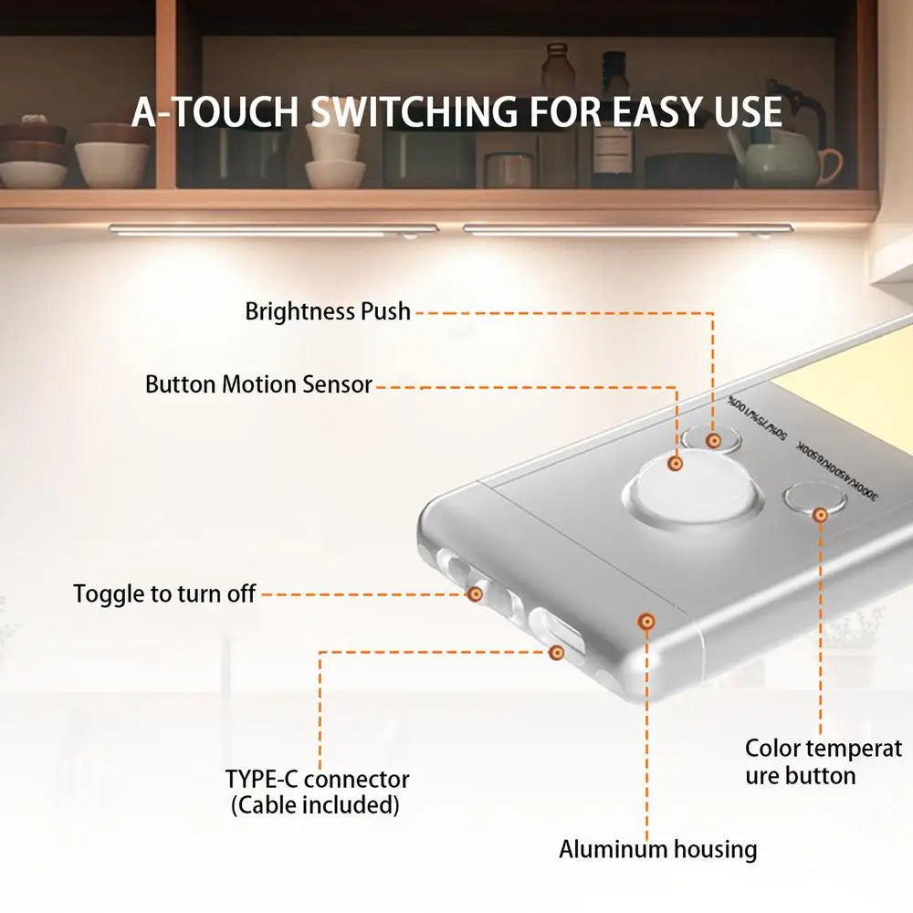 Under Cabinet Lighting Motion Sensor Closet Lamp 2200mAh USB Rechargeable Closet Lights Adhesive 3 Levels Dimmable Under Counter