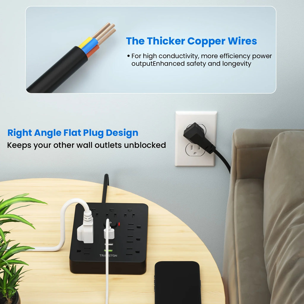 power strip Power Outlet with Surge Protector, 9 ac, 3 USB Ports, 5-Foot Extension Cord, Quick Charge, for Home and Office
