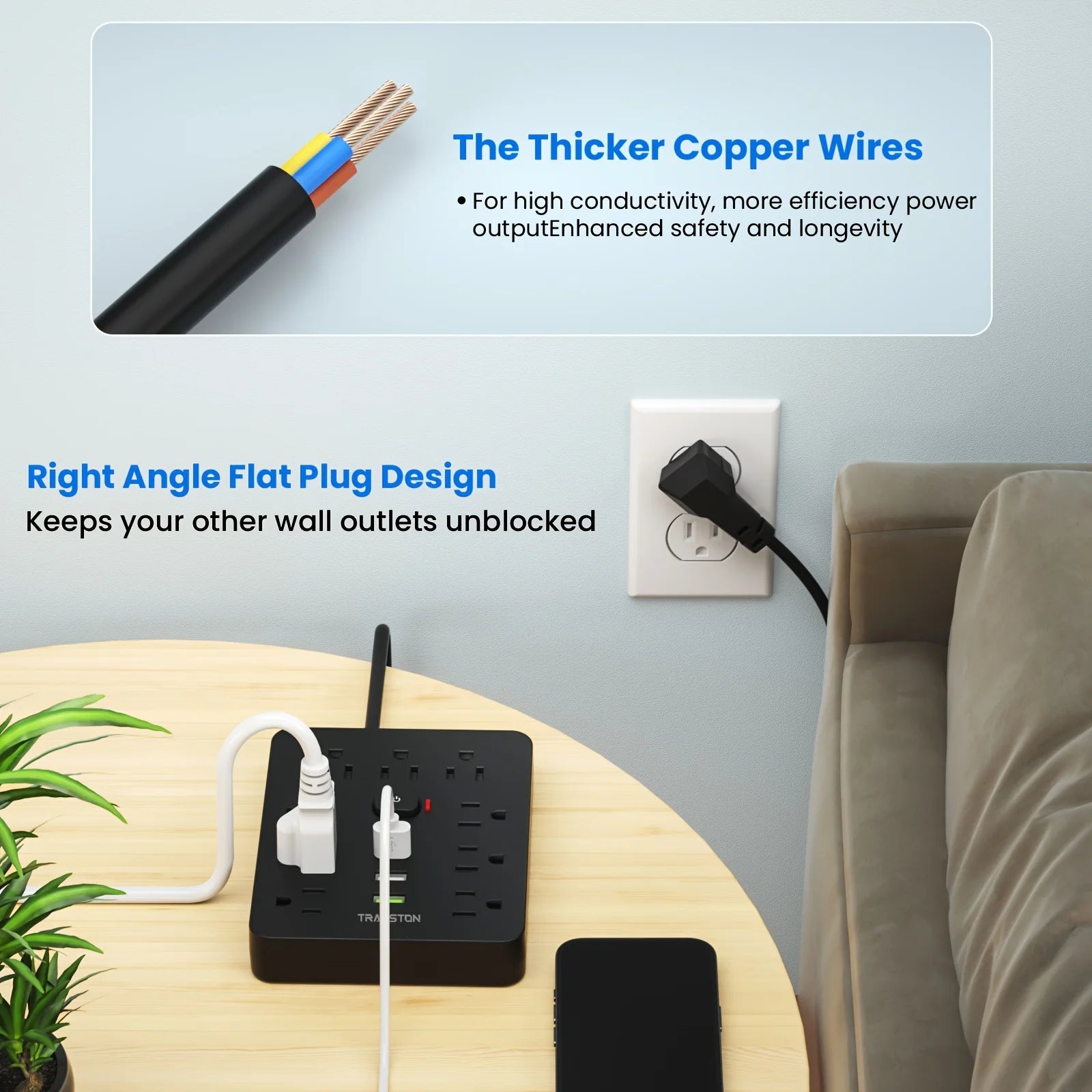 power strip Power Outlet with Surge Protector, 9 ac, 3 USB Ports, 5-Foot Extension Cord, Quick Charge, for Home and Office