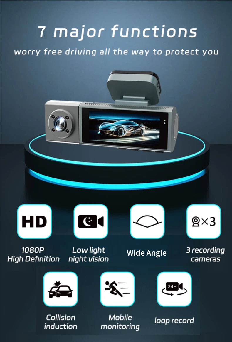 WiFi Car Dvr HD 1080P 3way Dash Cam Front Inside Rear Wide Angle Night Vision G-sensor Loop Recording Camera Vehicle Accessories