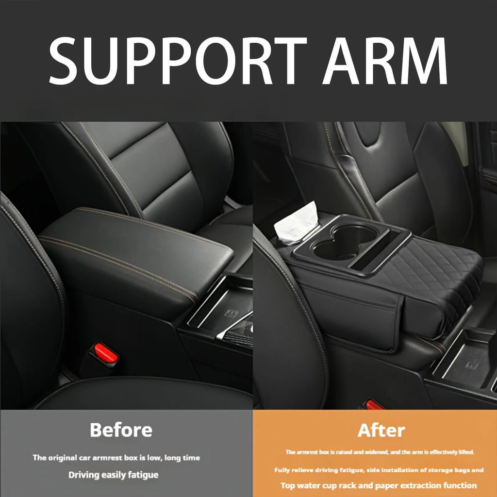 Car Armrest Cushion Extender with Cup Holder and Tissue Box Multifunctional Storage for Most Vehicles Black Grey Brown Red