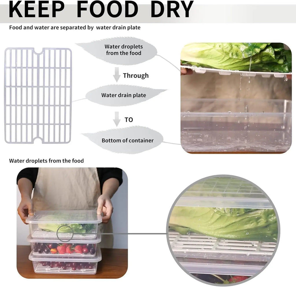 Food Storage Container, (3-Pack) Plastic Food Containers with Removable Drain Plate and Lid, Stackable Portable Freezer Stora