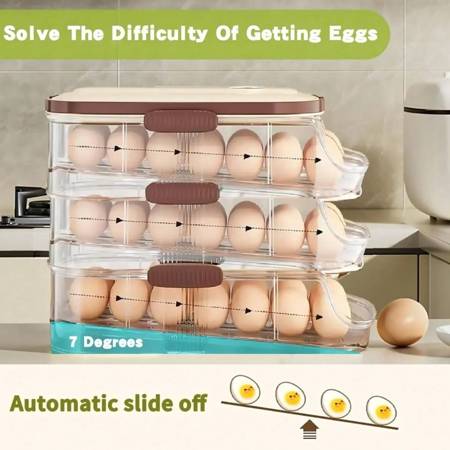 Clear Stackable 3 Tier Automatic Rolling Egg Dispenser With Handle