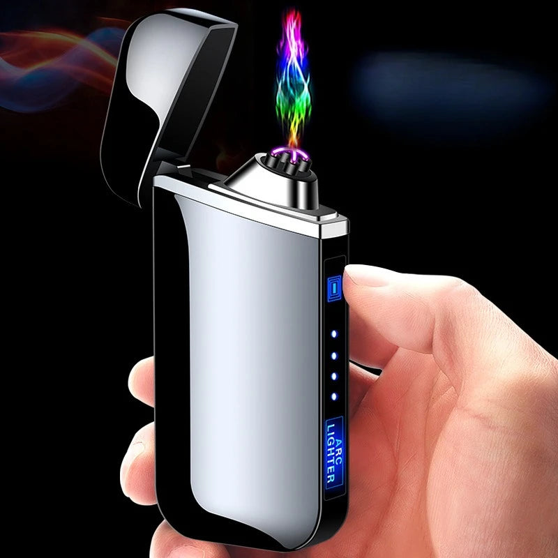 New Electric Windproof Metal Lighter Double Arc Flameles Plasma Rechargeable USB Lighter LED Power Display Touch Sensor Lighters