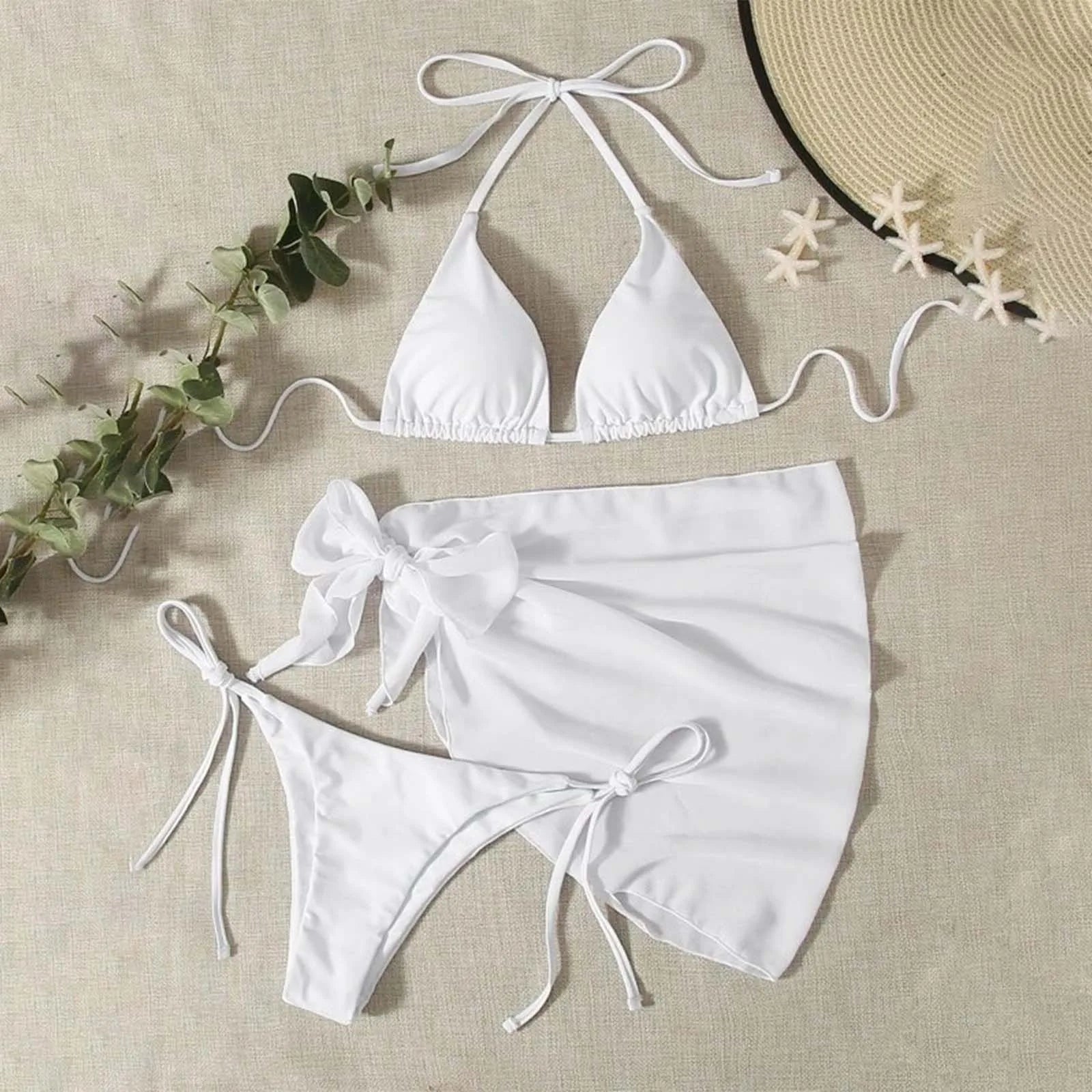 Women'S Solid Halter Backless Bikinis Set Sexy Triangle Cup Lace Up Bikini Top With Bottoms Swimsuit Cover Up 3 Piece Swimsuit