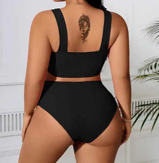 Women's Swimsuit 2025 Plus Size Ribbed Bikinis Sets Two Piece High Waist Black Tummy Control Bathing Suit Swimwear