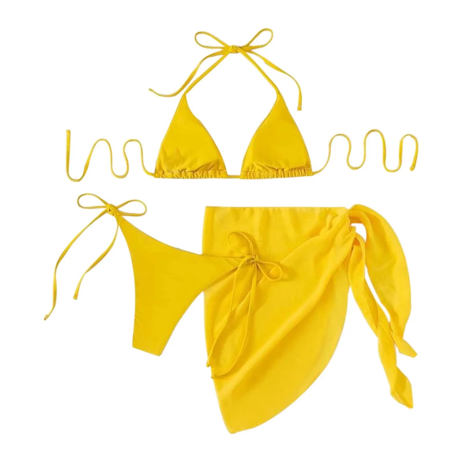 Women'S Solid Halter Backless Bikinis Set Sexy Triangle Cup Lace Up Bikini Top With Bottoms Swimsuit Cover Up 3 Piece Swimsuit
