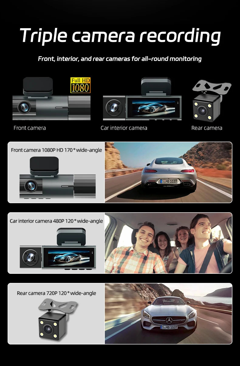 WiFi Car Dvr HD 1080P 3way Dash Cam Front Inside Rear Wide Angle Night Vision G-sensor Loop Recording Camera Vehicle Accessories
