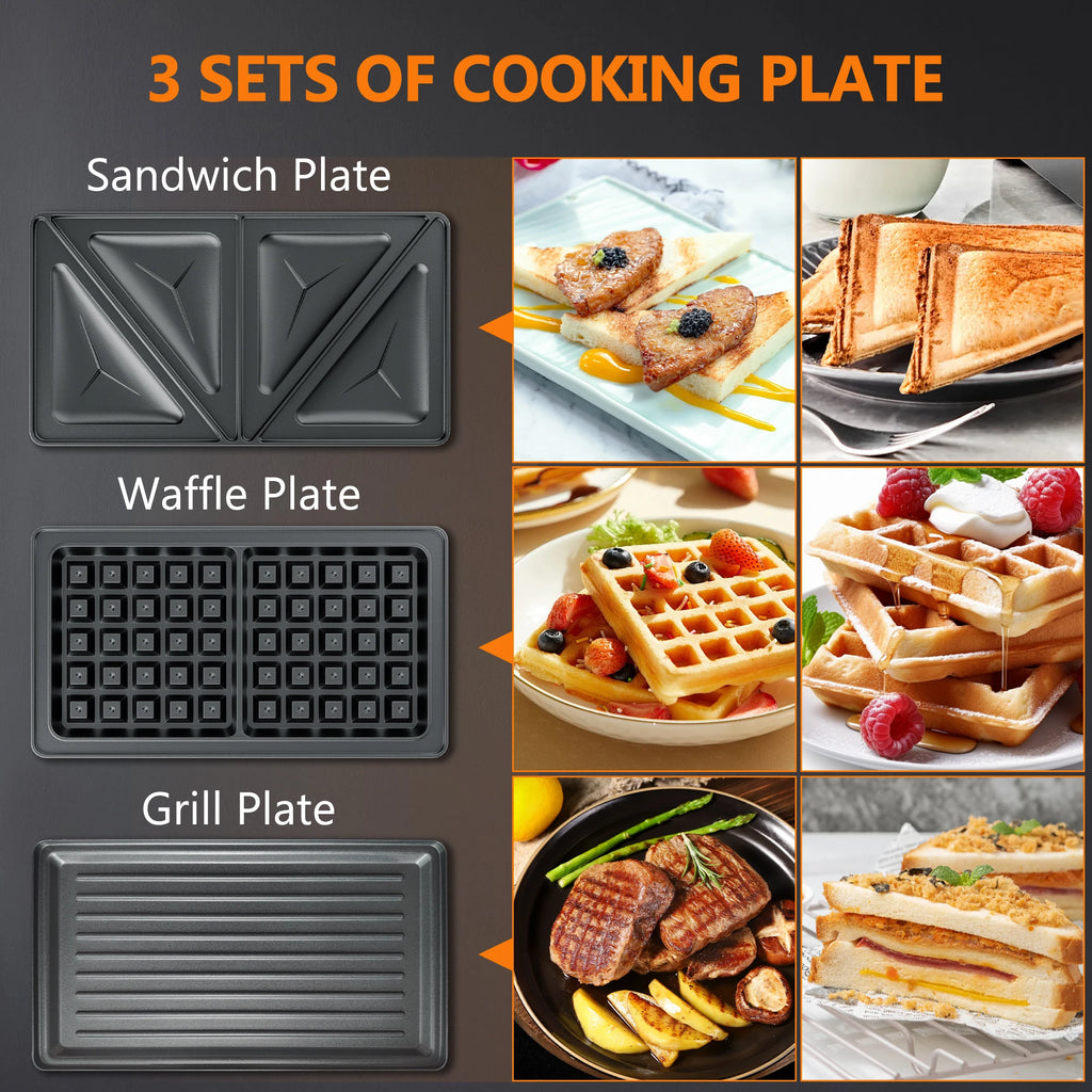 3-in-1 Sandwich Maker, Panini Press & Waffle Iron - Indoor & Outdoor Electric Grill with Removable Non-Stick Plates, 750W
