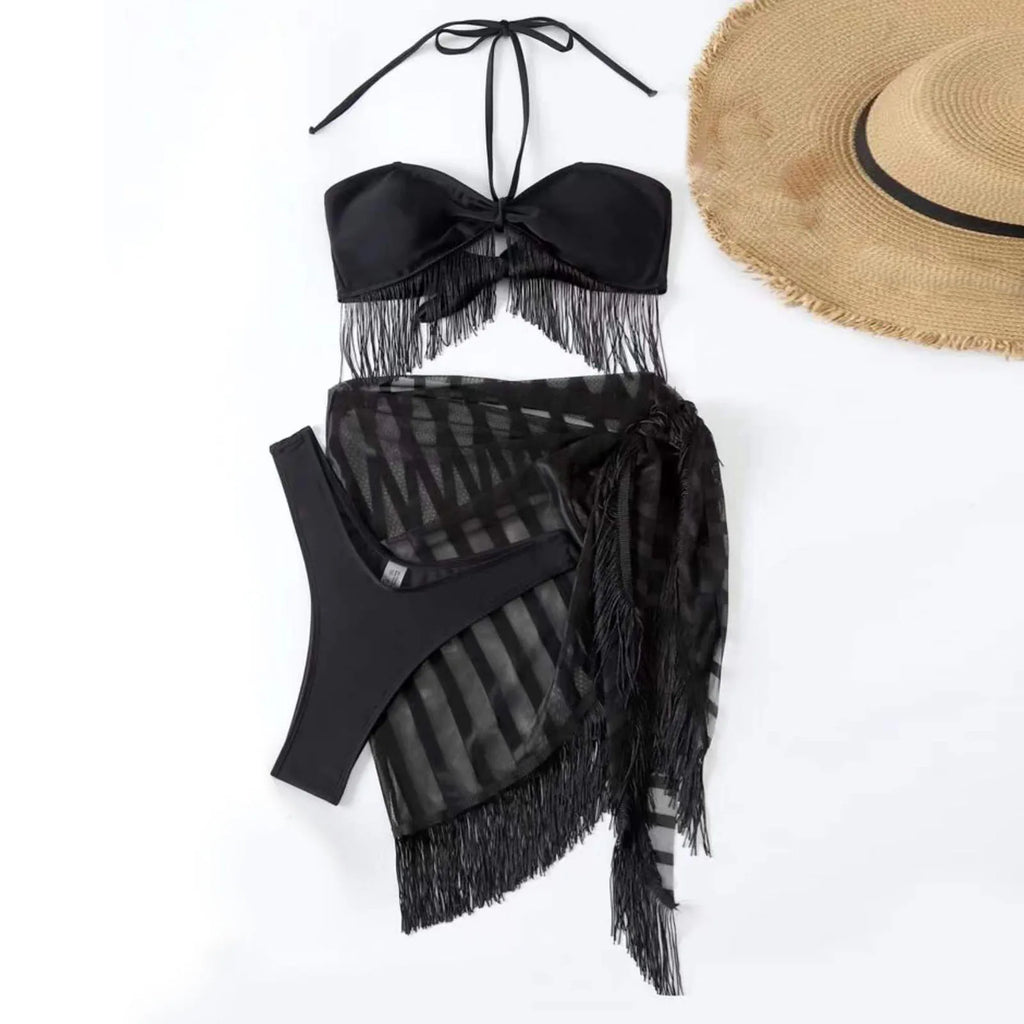 Mesh Three Piece Swimsuit Womens Sexy Tassel Bra Sling Bikini Suit Cover Up Women'S Swimsuit Bikini Woman 2024 Trend Push Up