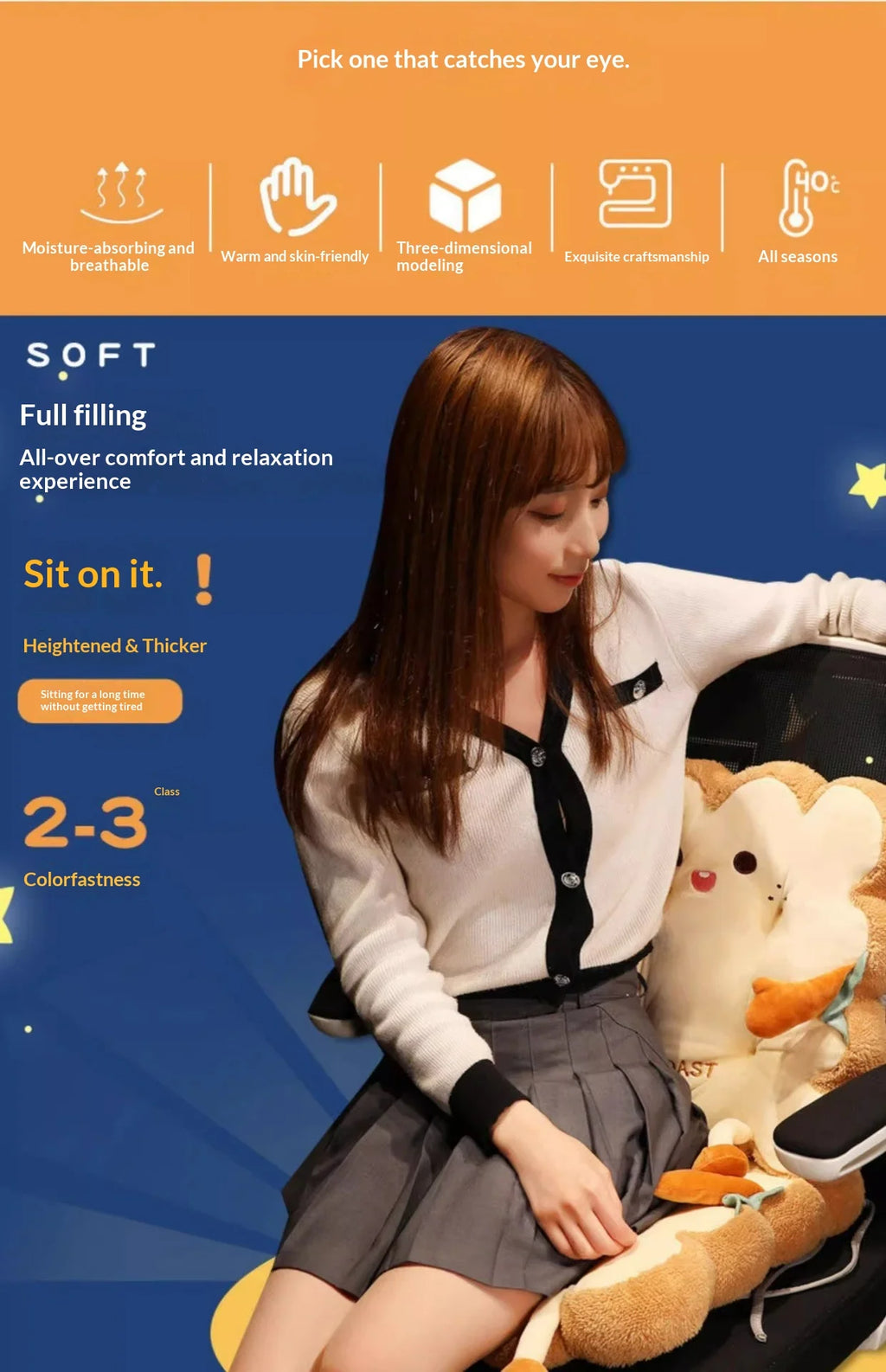 Toast Shaped Seat Cushion Memory Foam Office Chair Pad Orthopedic Comfort Floor Pillow for Home Classroom Tatami Window Seat