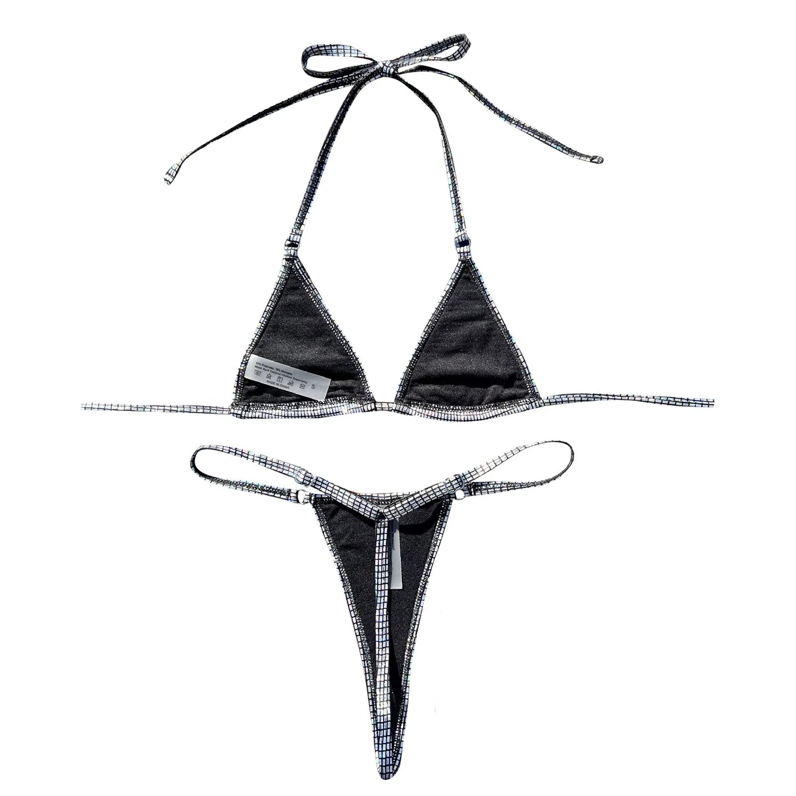 Glitter Silver Triangle Brazilian Bikini Push Up Swimwear Women Sexy Bathing Suits Thongs Halter Neck Lace Up Micro Swimsuits
