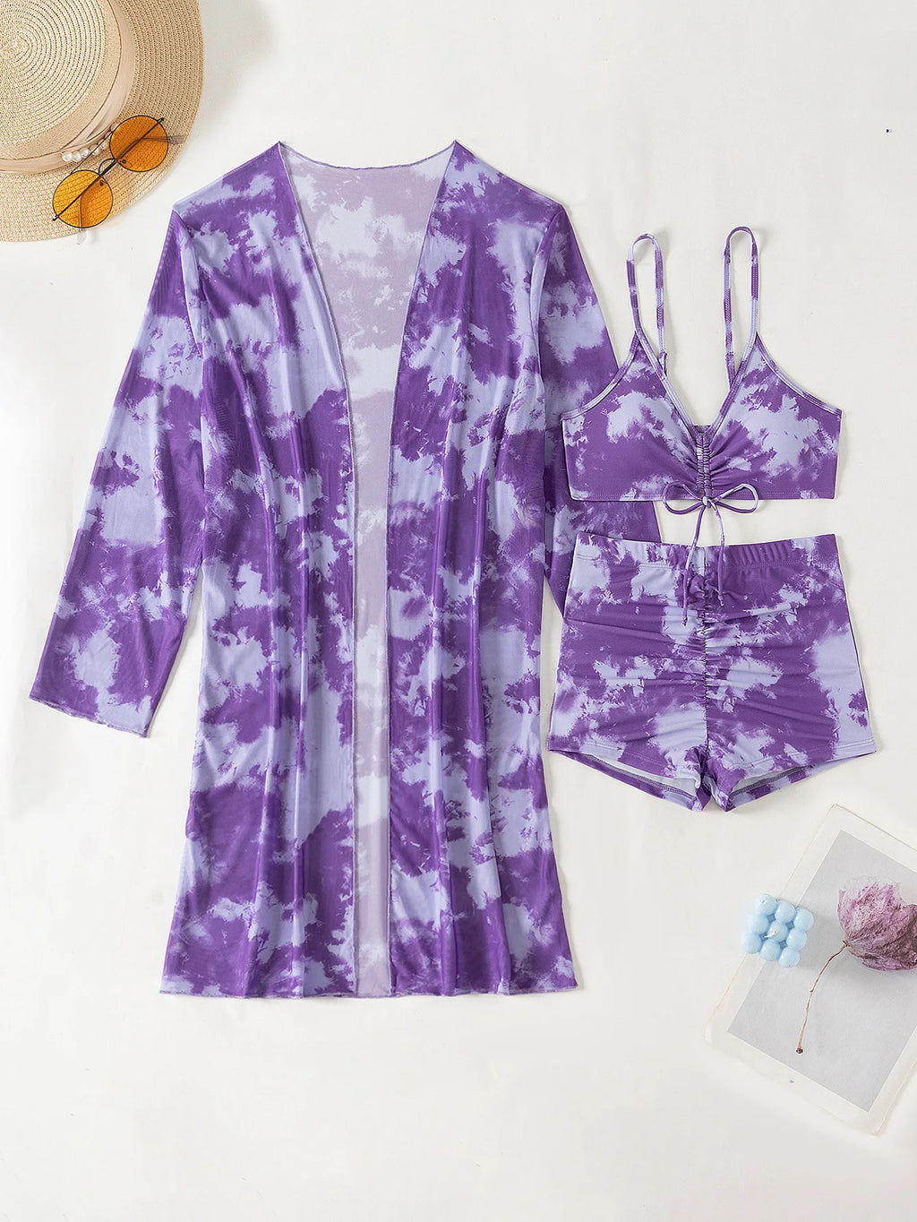 Bikini three piece printed belly covering long sleeved cover shirt tie dye swimsuit women's hot spring belly covering